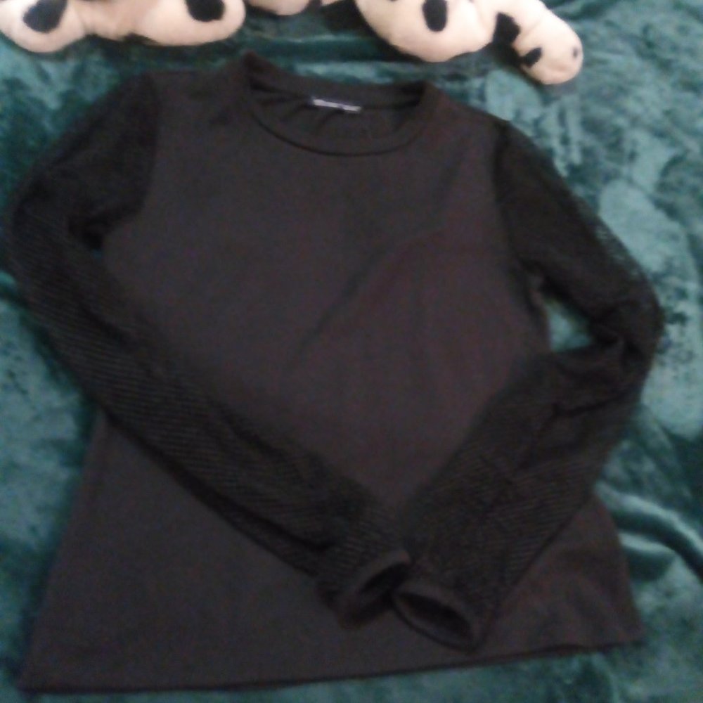 Zara Ribbed Knit Net Sleeved Blouse in Black Sz L NWT